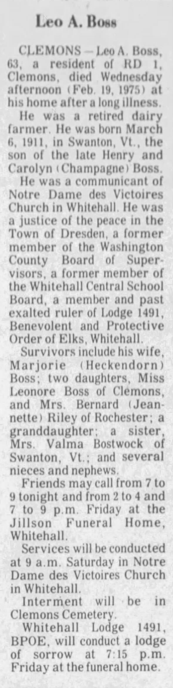 Obituary for Leo A. Hon, 1911-1975 (Aged 63)